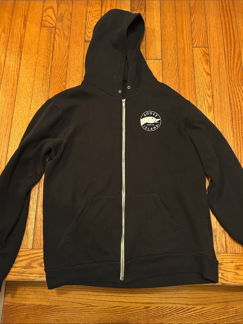 American Apparel Black Zip-Up Hoodie with Goose Island white Logo